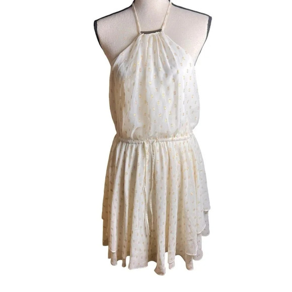 Bebe Womens Halter Dress Ivory/ Gold Accents Strappy Back Tie Elastic Waist M - Picture 11 of 16